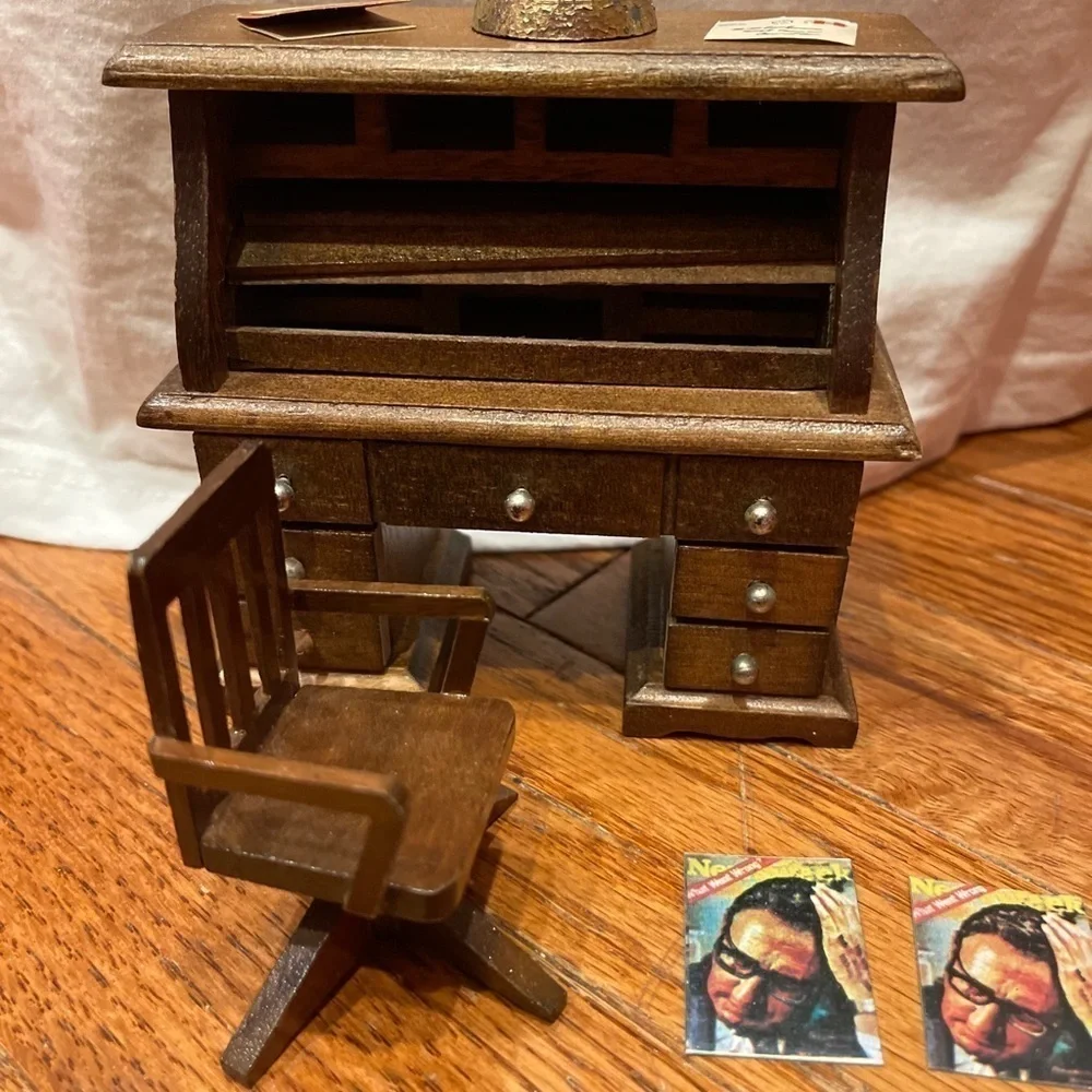 Roll Top Desk Wooden Working Drawers Vintage Dollhouse Miniature Furniture